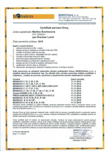 Certifikát o účasti na odborném školení firmy Benekov term s.r.o.